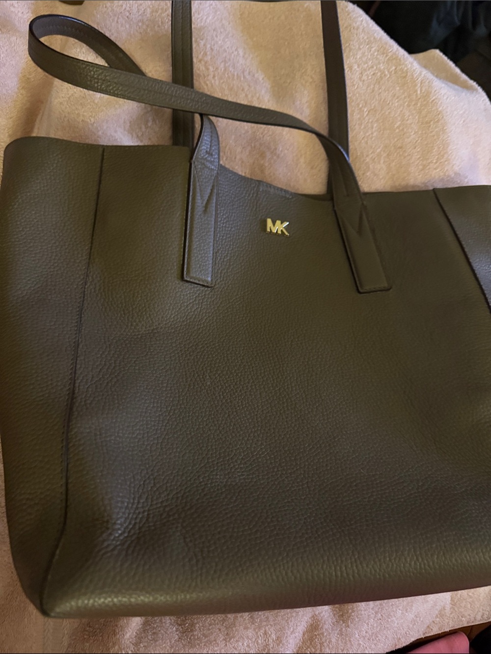 Michael Kors Olive Leather Pebbled Tote with Gold MK Logo